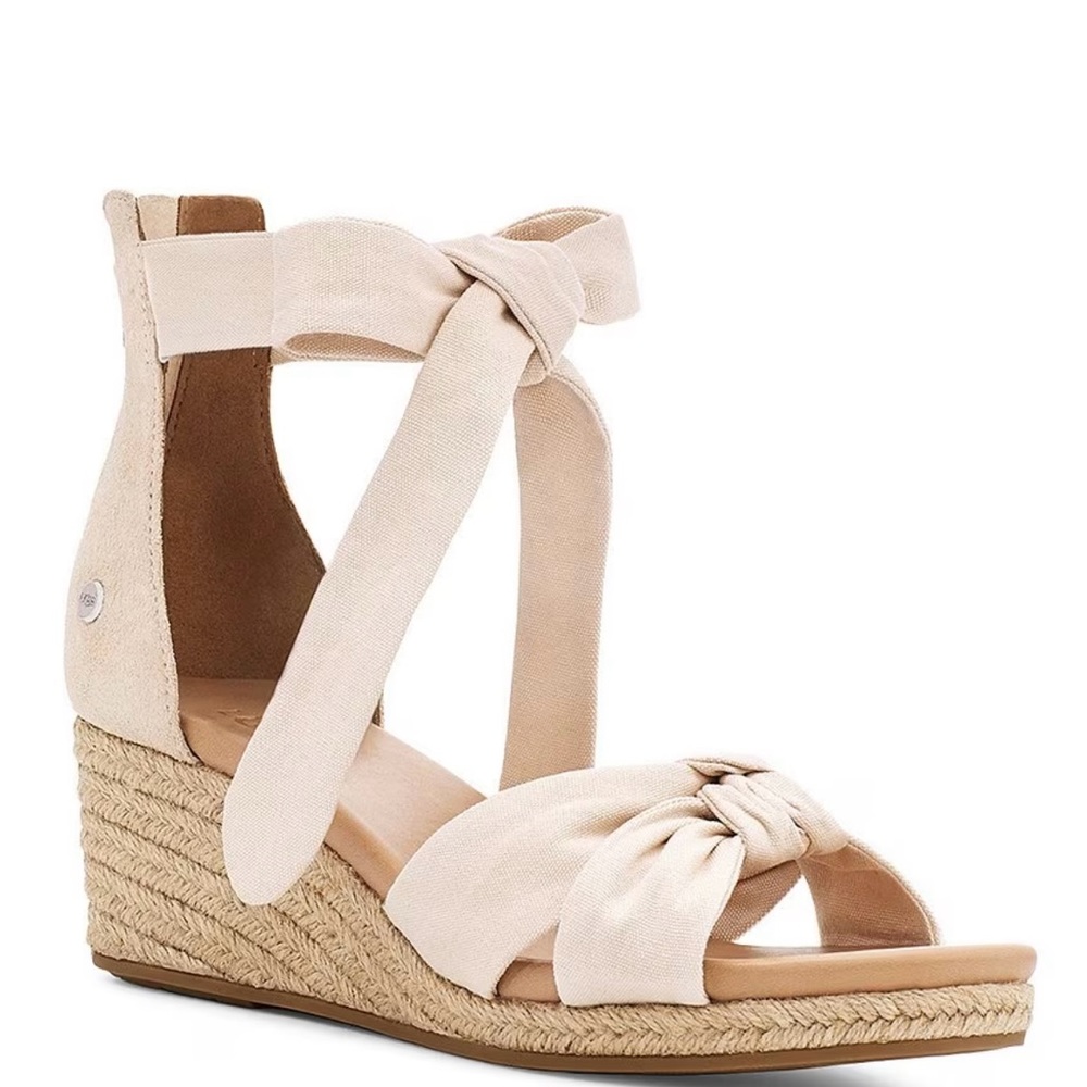UGG Yarrow Canvas Suede Ankle Wrap Espadrille Wedge Sandals NEW in box sz10